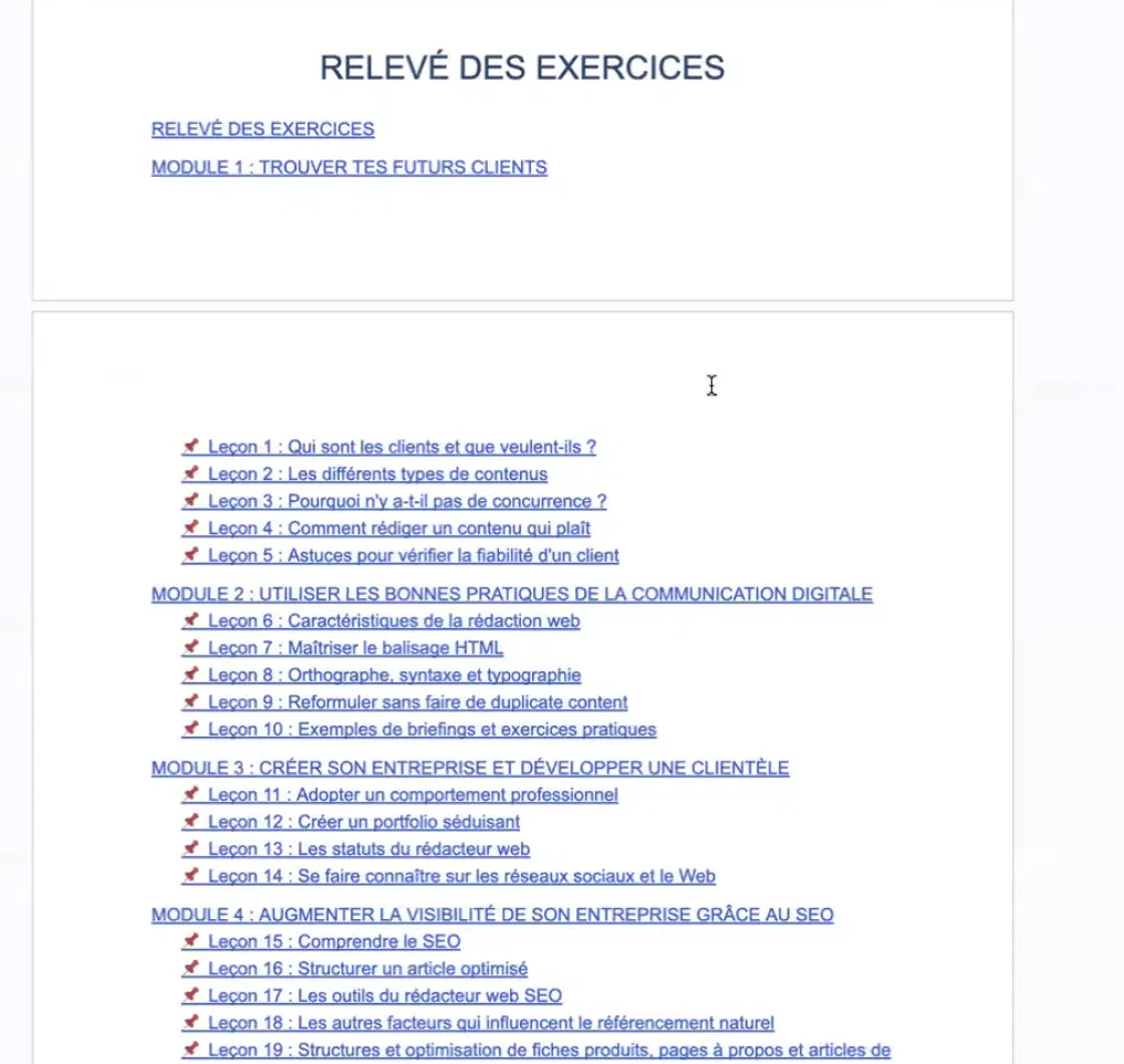 relevé des exercice pour la formation solo plume
